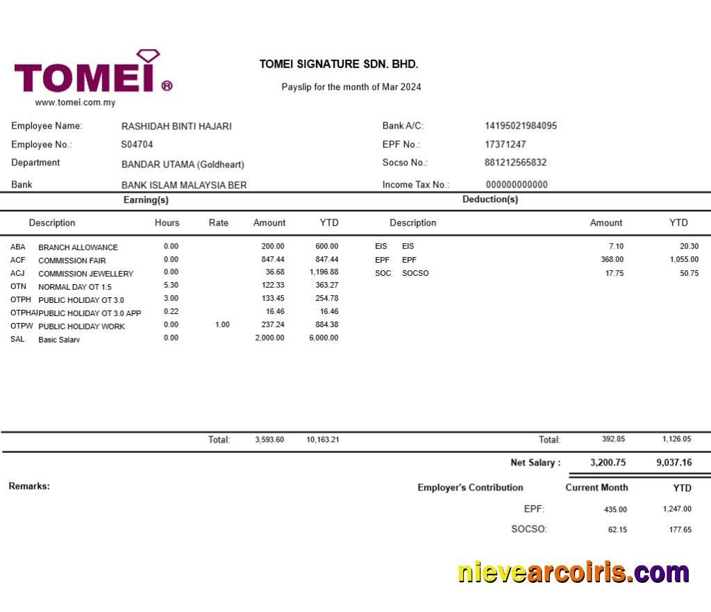 Tomei Signature jewellery payslip